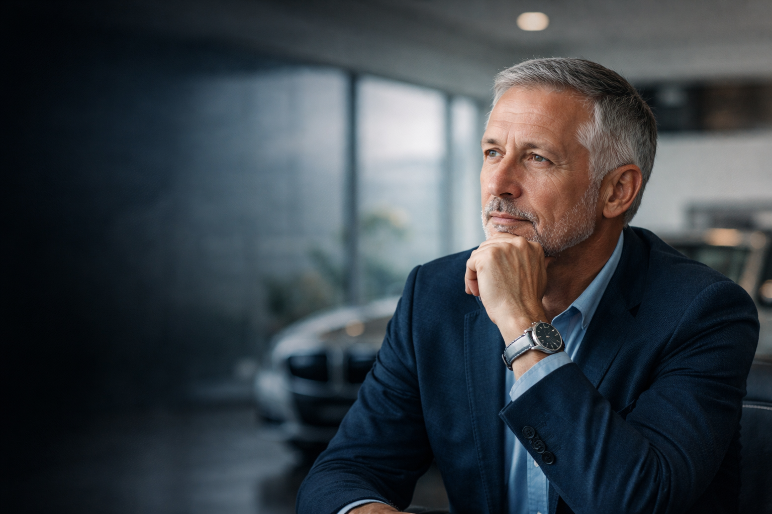 Contemplative moment in the showroom