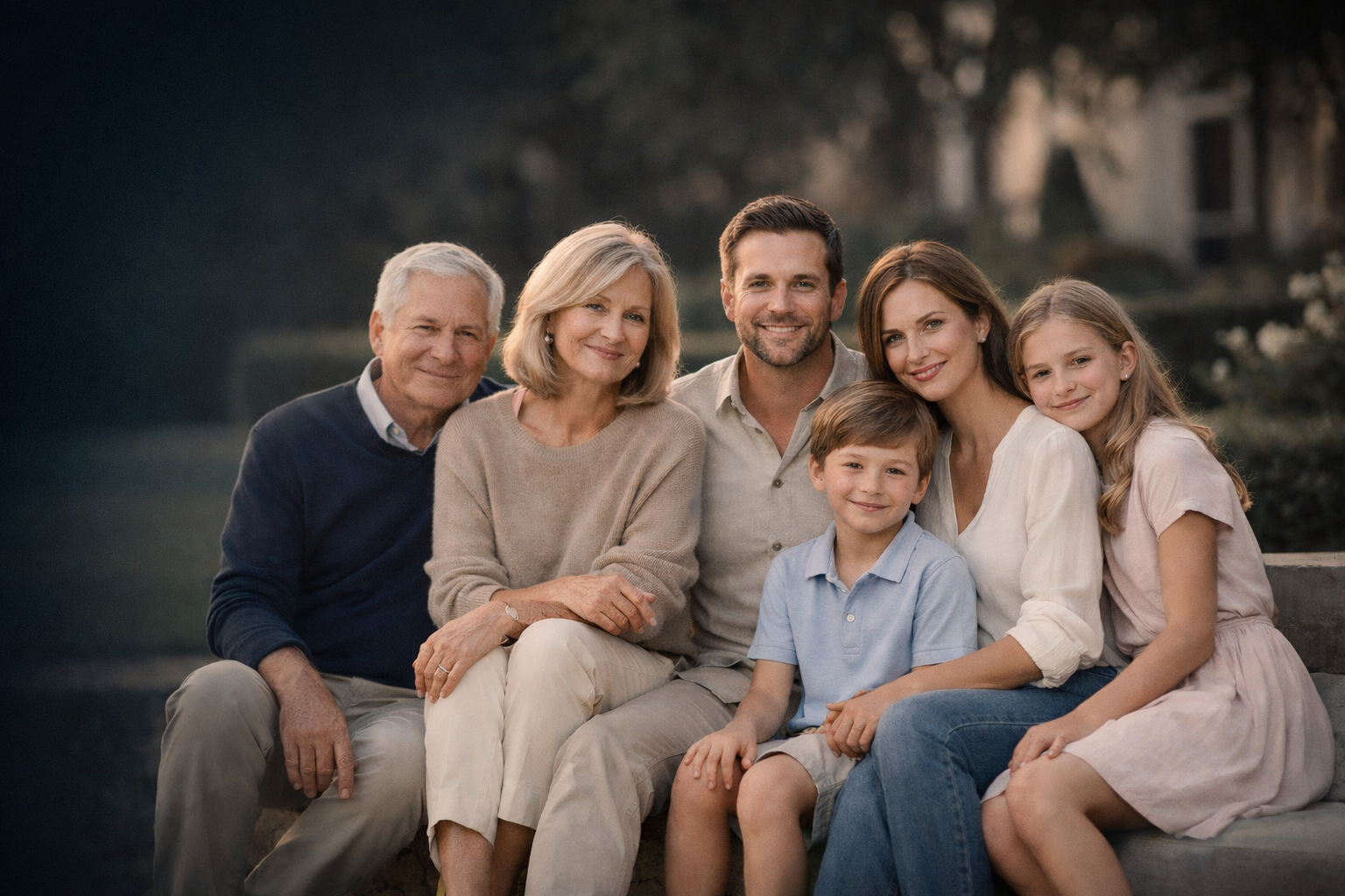 Family gathering in garden at dusk